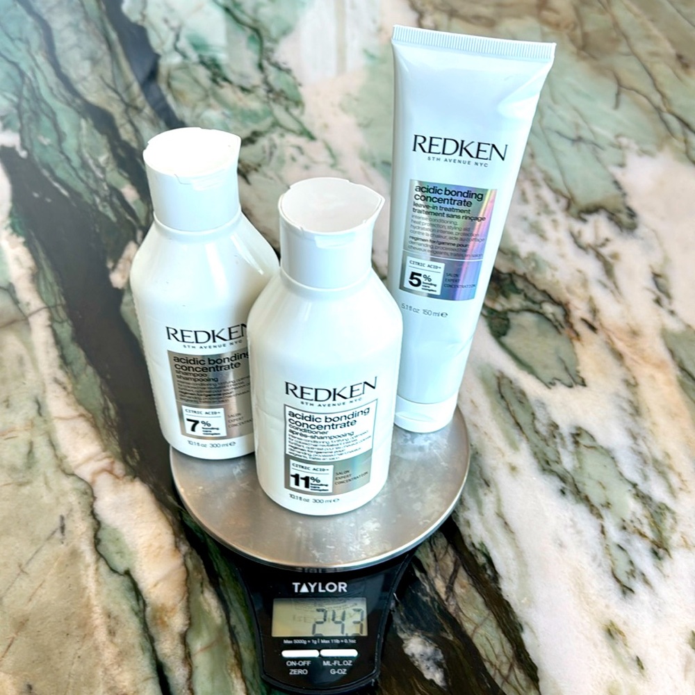 Redken acidic bonding, concentrate shampoo, conditioner, and leave in treatment